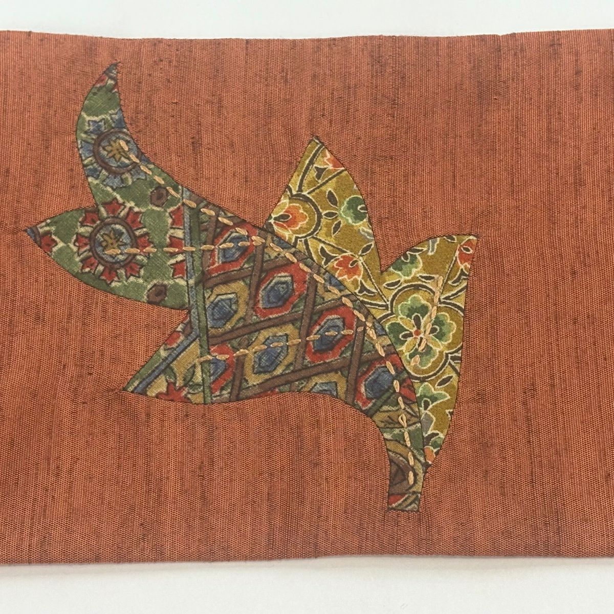 【美品】 名古屋帶 優品級 更紗 葉柄 切嵌 紬織織 橙色 純蠶絲