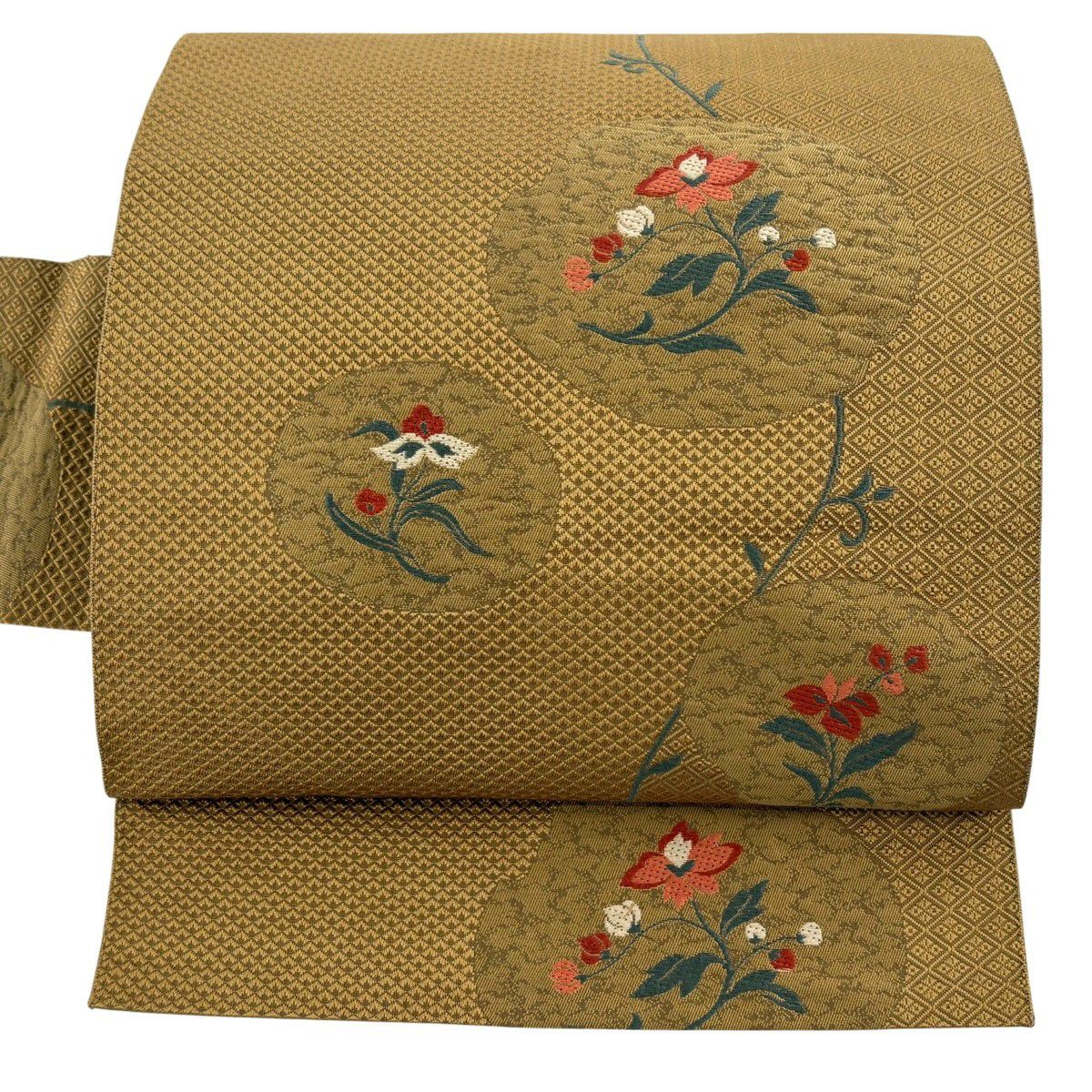 【美品】 名古屋帶 優品級 八寸名古屋帶 草花紋 黃土 純蠶絲