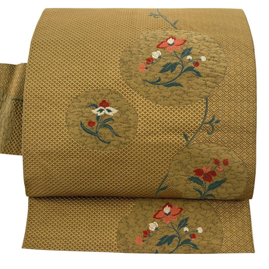 【美品】 名古屋帶 優品級 八寸名古屋帶 草花紋 黃土 純蠶絲
