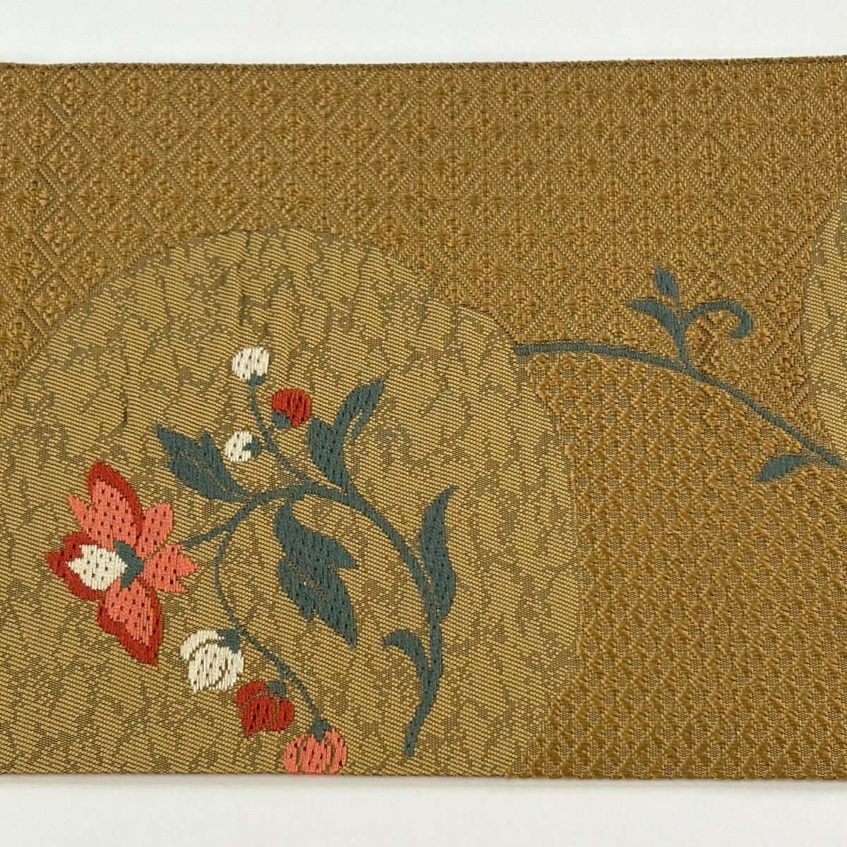 【美品】 名古屋帶 優品級 八寸名古屋帶 草花紋 黃土 純蠶絲