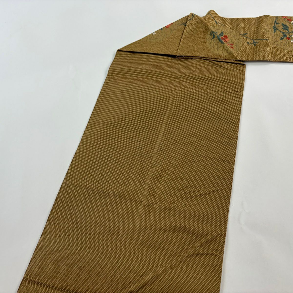 【美品】 名古屋帶 優品級 八寸名古屋帶 草花紋 黃土 純蠶絲