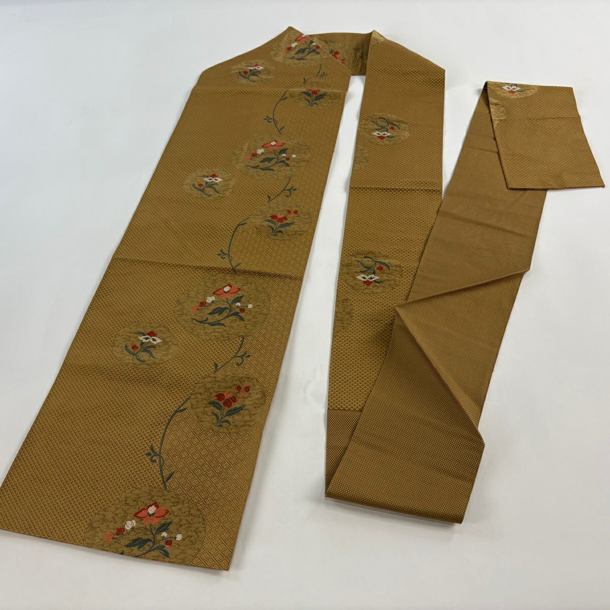 【美品】 名古屋帶 優品級 八寸名古屋帶 草花紋 黃土 純蠶絲