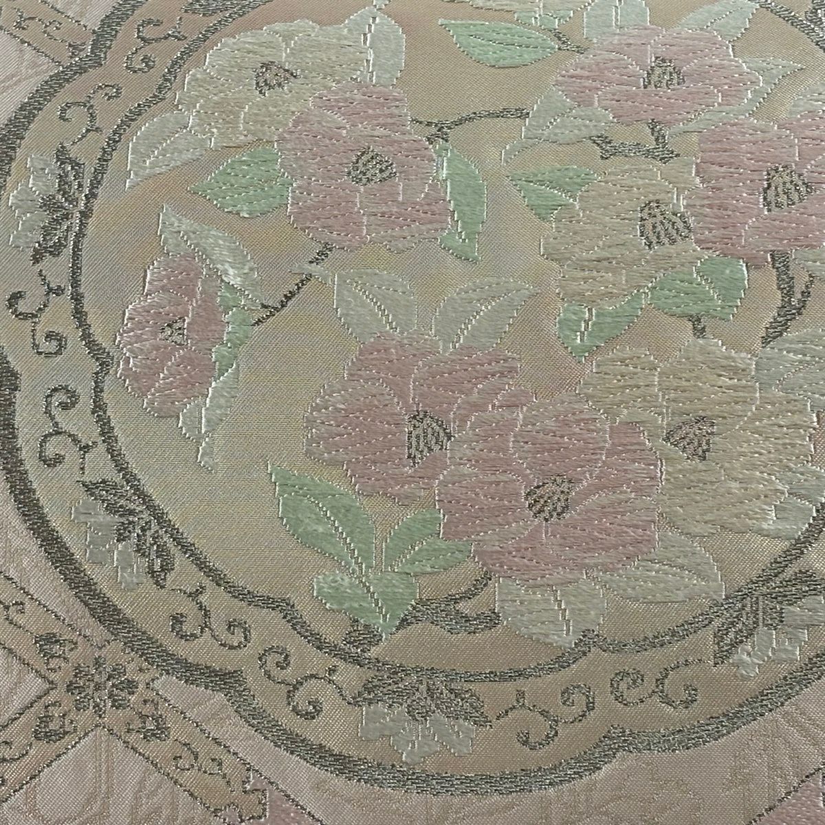名古屋帶 優品級 圖案盤 椿 銀線 唐織 淺粉色 純蠶絲