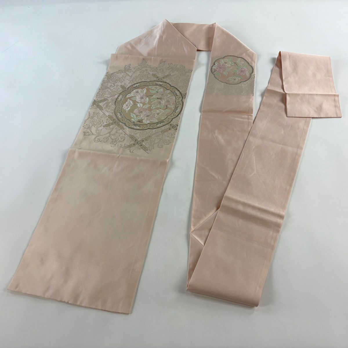 名古屋帶 優品級 圖案盤 椿 銀線 唐織 淺粉色 純蠶絲