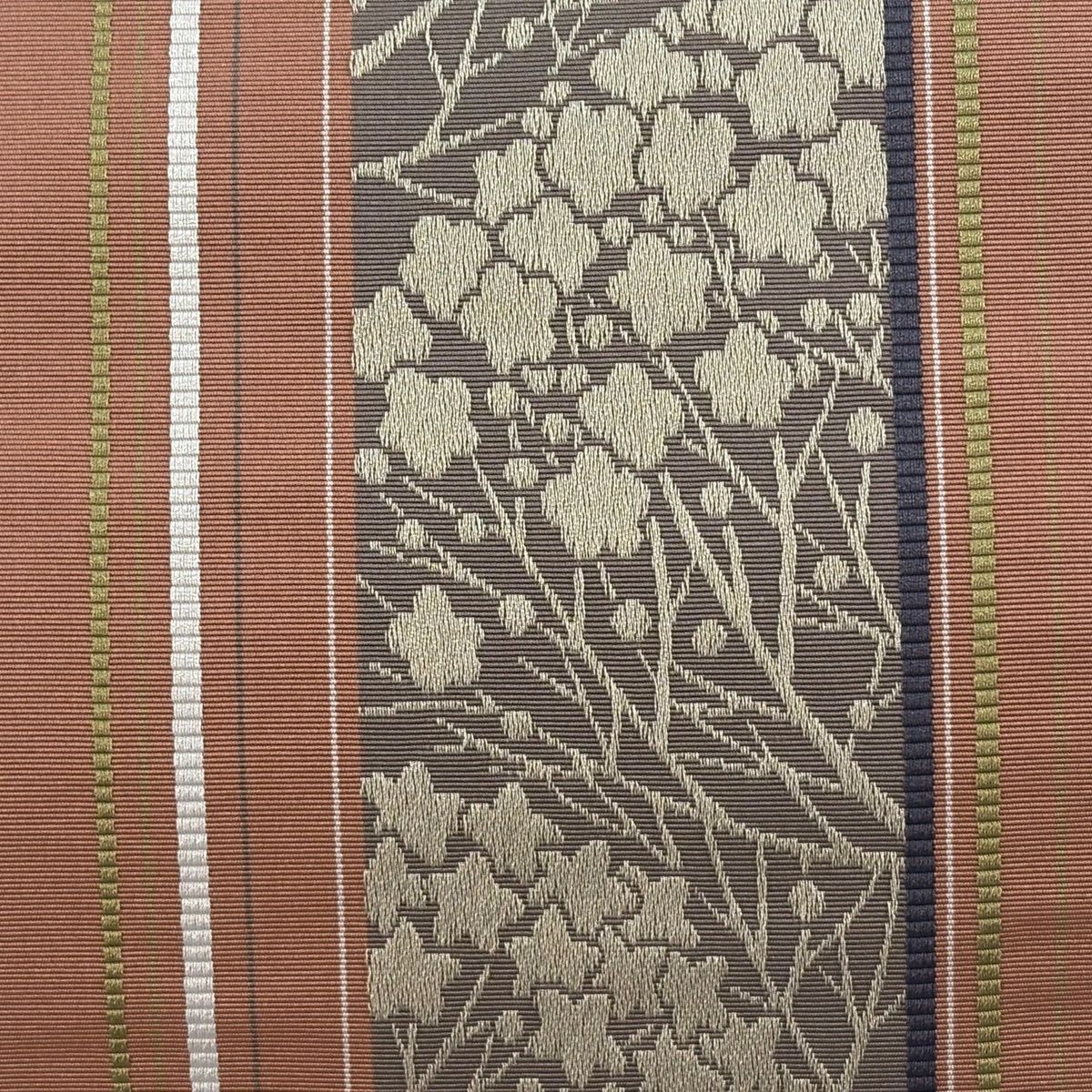 名古屋帶 優品級 八寸名古屋帶 條紋 枝花 小豆色 純蠶絲