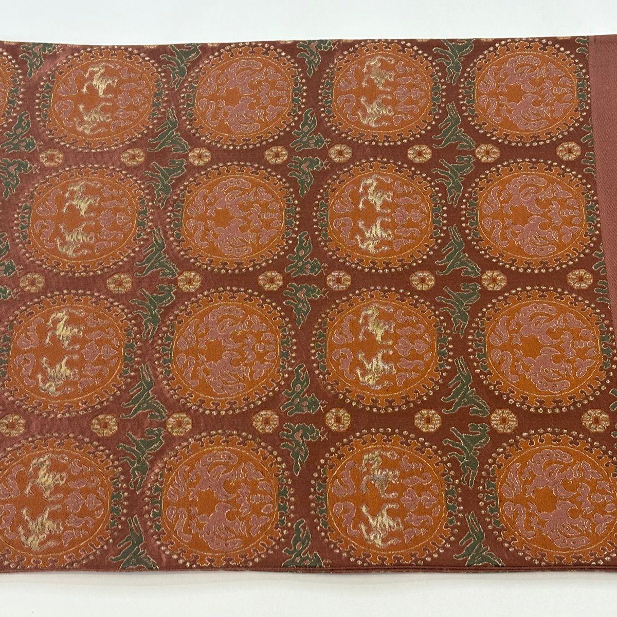 【美品】名古屋帶 優品級 向鳥 金絲 茜 純蠶絲