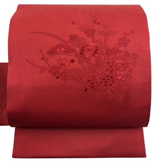 【美品】 名古屋帶 優品級 菊花 枝梅花 刺繡 金銀彩 紅 純蠶絲