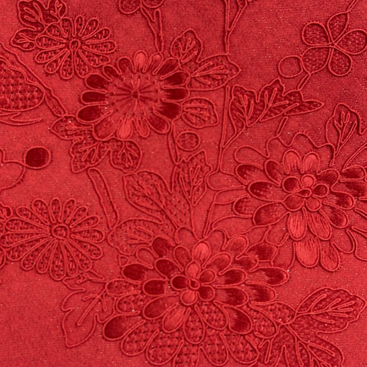 【美品】 名古屋帶 優品級 菊花 枝梅花 刺繡 金銀彩 紅 純蠶絲