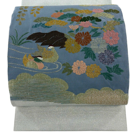 【美品】 名古屋帶 優品級 八寸名古屋帶 菊花 鴛鴦 金金箔 金銀彩 灰色 純蠶絲