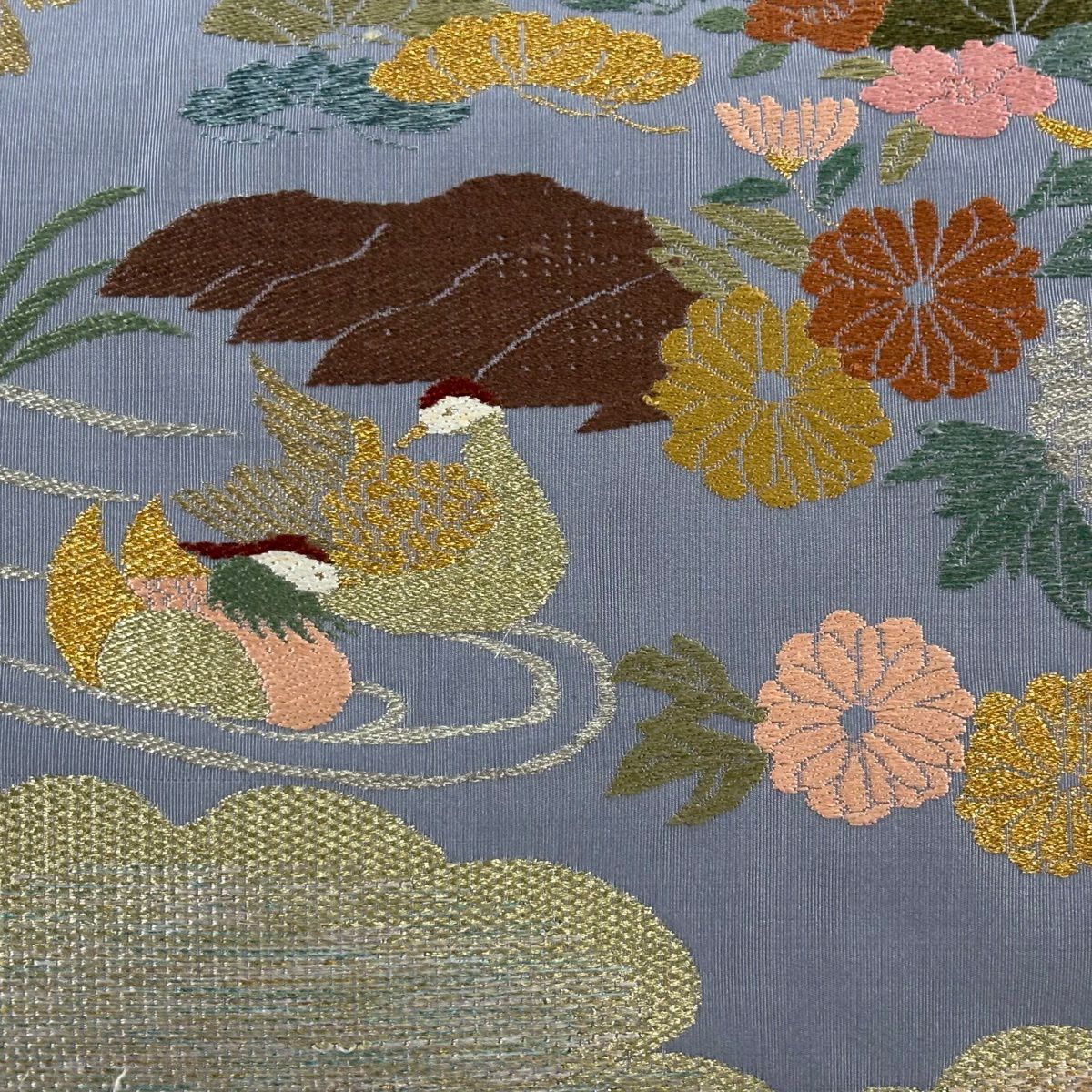 【美品】 名古屋帶 優品級 八寸名古屋帶 菊花 鴛鴦 金金箔 金銀彩 灰色 純蠶絲