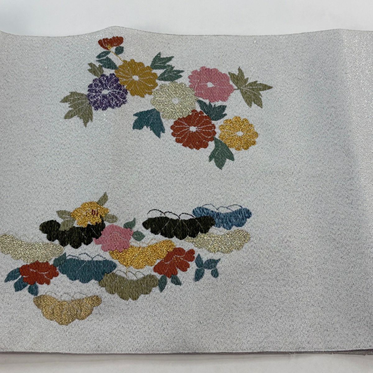 【美品】 名古屋帶 優品級 八寸名古屋帶 菊花 鴛鴦 金金箔 金銀彩 灰色 純蠶絲