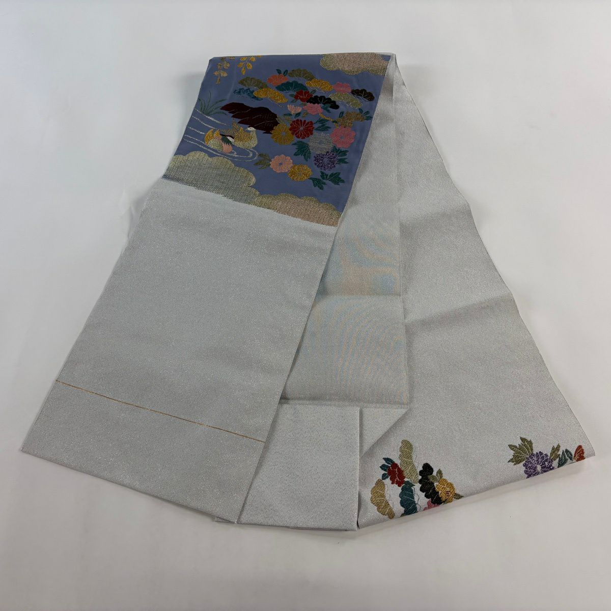 【美品】 名古屋帶 優品級 八寸名古屋帶 菊花 鴛鴦 金金箔 金銀彩 灰色 純蠶絲