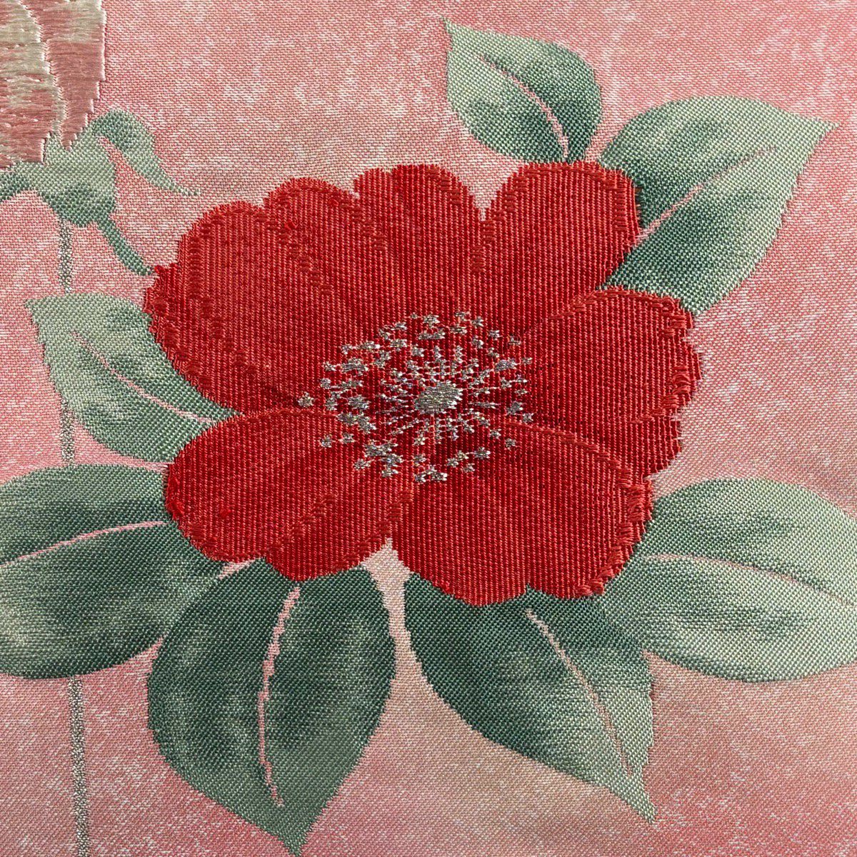【美品】 名古屋帶 優品級 草花紋紋 霞 唐織 銀線 粉紅 純蠶絲