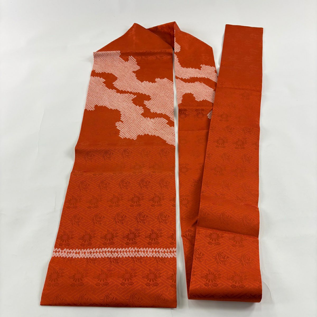 【美品】 名古屋帶 優品級 幾何學 地紋 絞染 橙色 純蠶絲