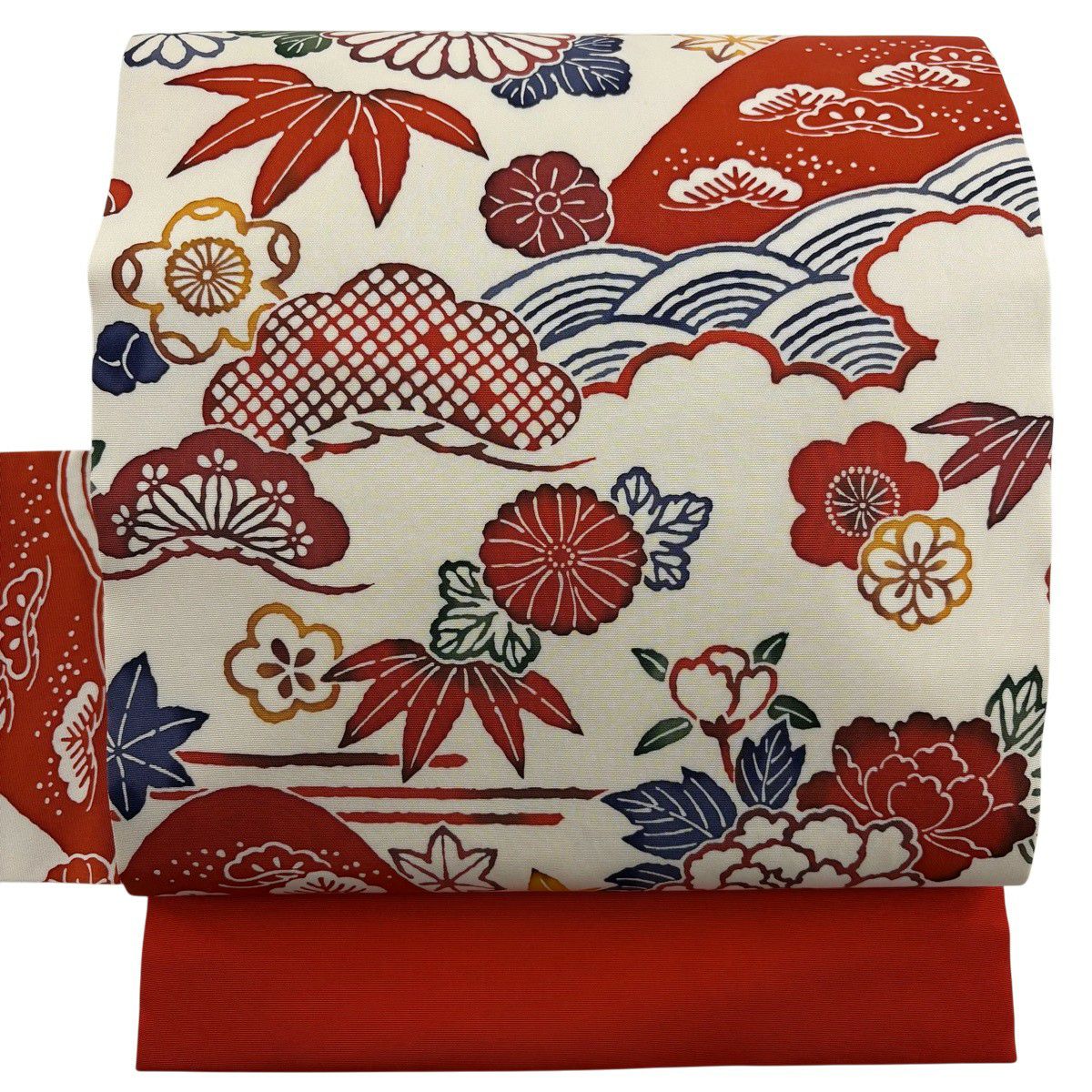 【美品】 名古屋帶 優品級 松樹竹子梅花 菊花 奶油色 純蠶絲