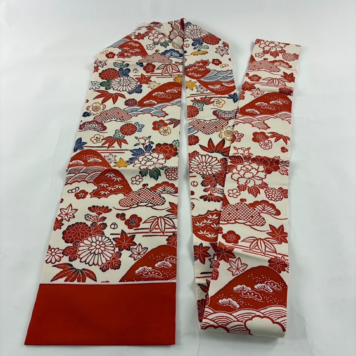 【美品】 名古屋帶 優品級 松樹竹子梅花 菊花 奶油色 純蠶絲