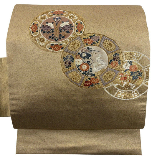 【美品】名古屋帶 優品級 草花紋紋 鳥 金絲 金金箔 金 純蠶絲