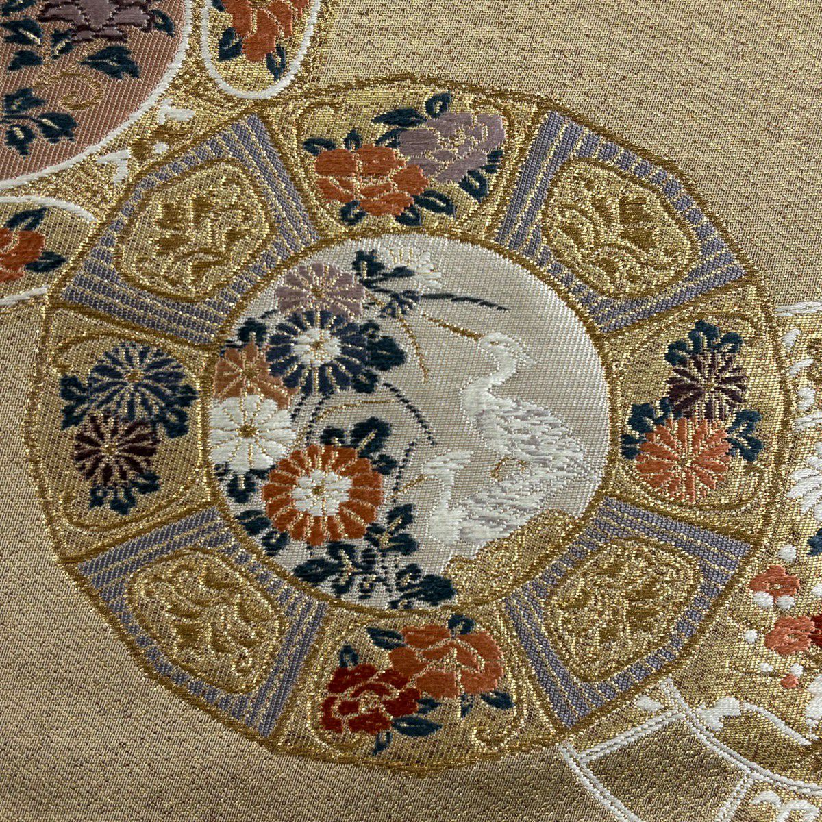 【美品】名古屋帶 優品級 草花紋紋 鳥 金絲 金金箔 金 純蠶絲
