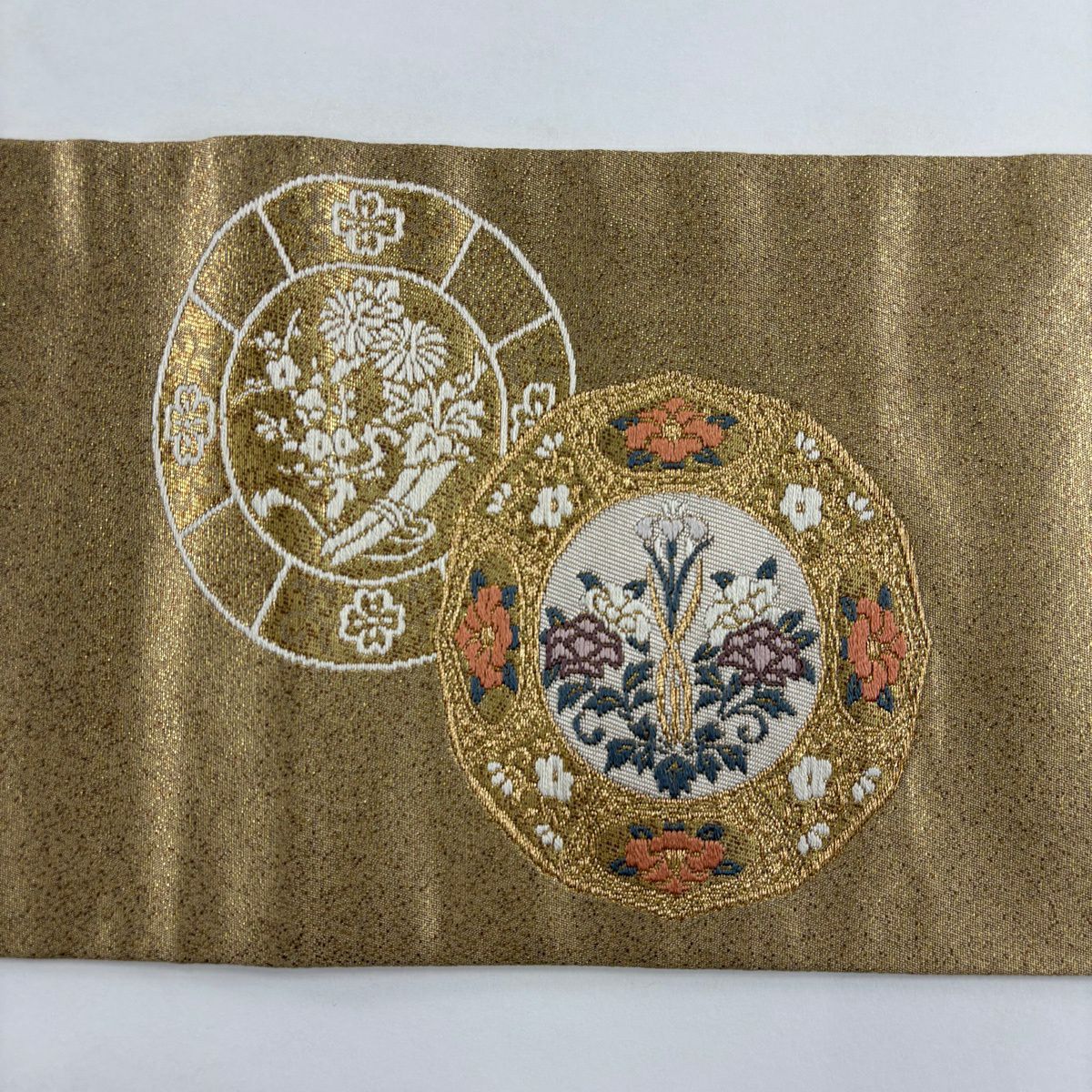 【美品】名古屋帶 優品級 草花紋紋 鳥 金絲 金金箔 金 純蠶絲