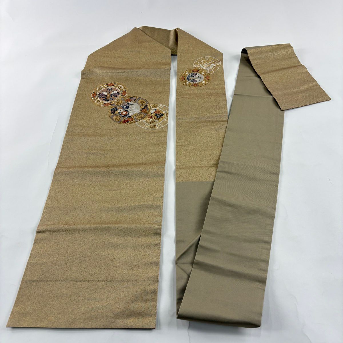 【美品】名古屋帶 優品級 草花紋紋 鳥 金絲 金金箔 金 純蠶絲