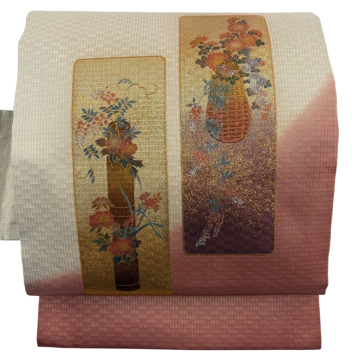 【美品】 名古屋帶 優品級 草花紋 花器 螺鈿 金銀彩 米色 純蠶絲