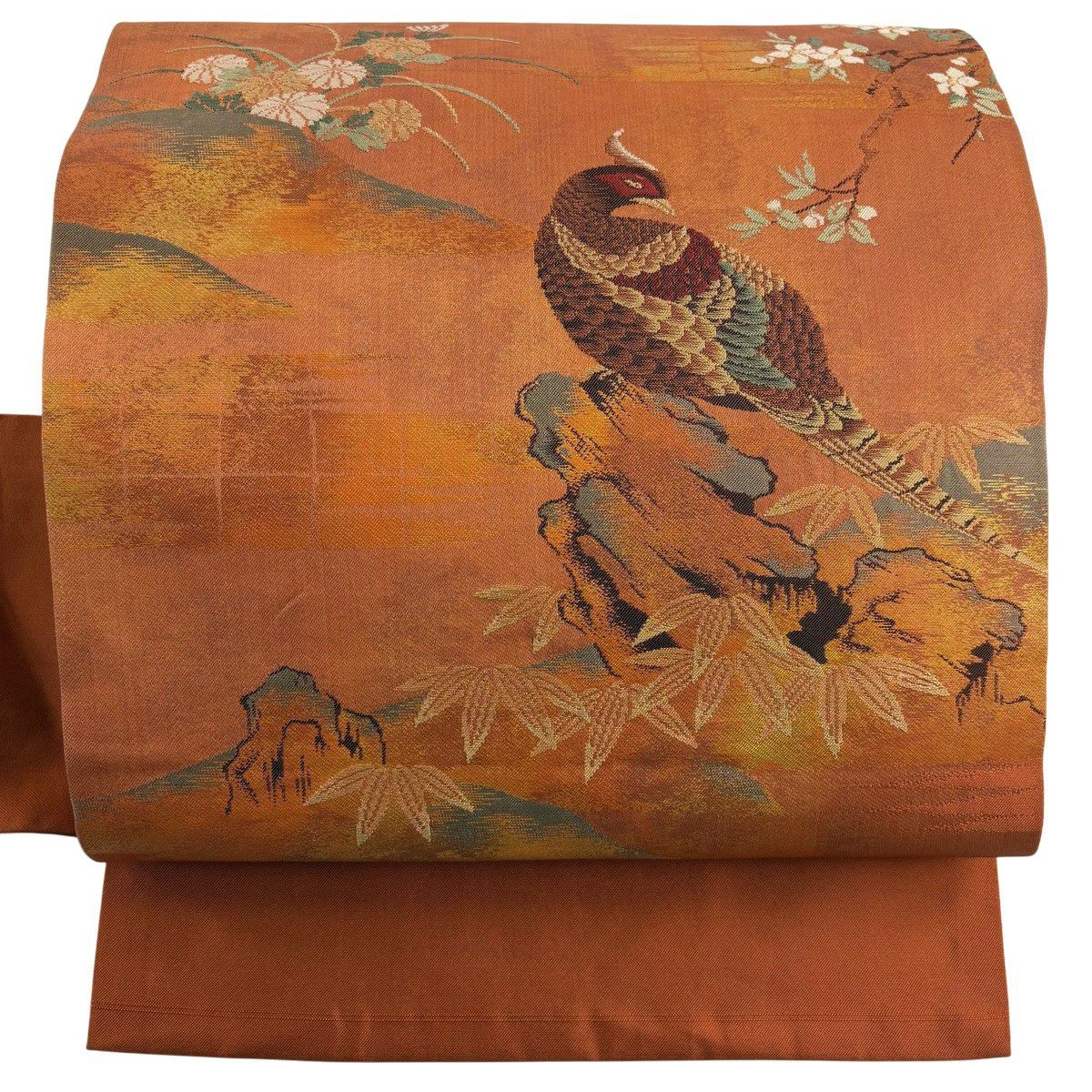 【美品】名古屋帶 優品級 關西仕立 紅雀 笹 金絲 金金箔 茶 純蠶絲