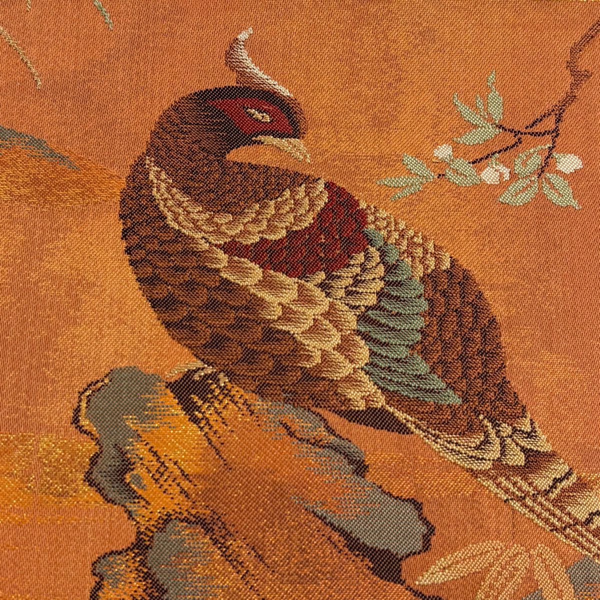 【美品】名古屋帶 優品級 關西仕立 紅雀 笹 金絲 金金箔 茶 純蠶絲