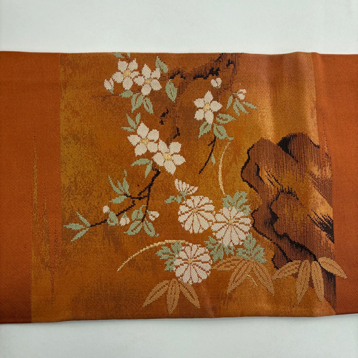 【美品】名古屋帶 優品級 關西仕立 紅雀 笹 金絲 金金箔 茶 純蠶絲