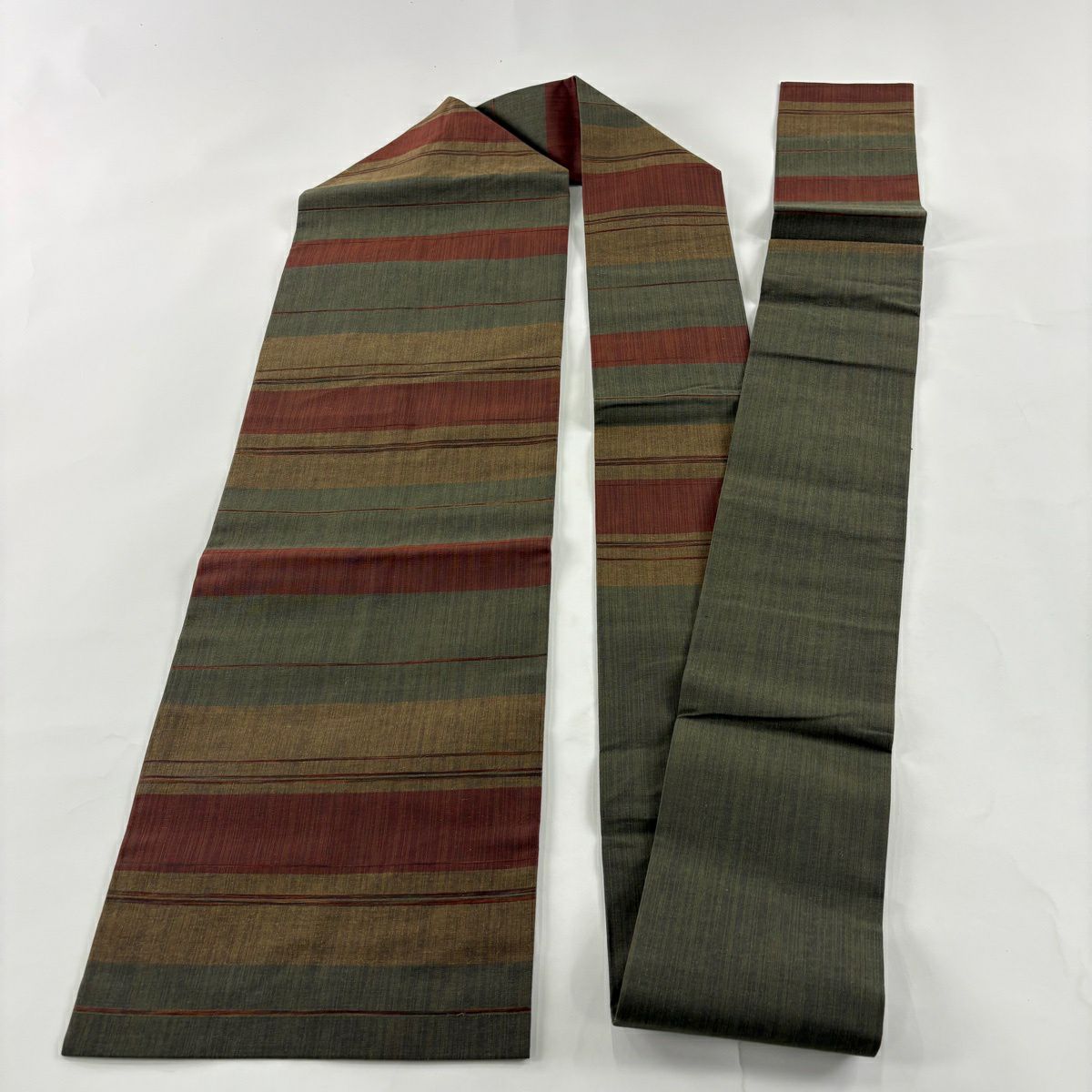 【美品】名古屋帶 優品級 段紋 灰綠 純蠶絲