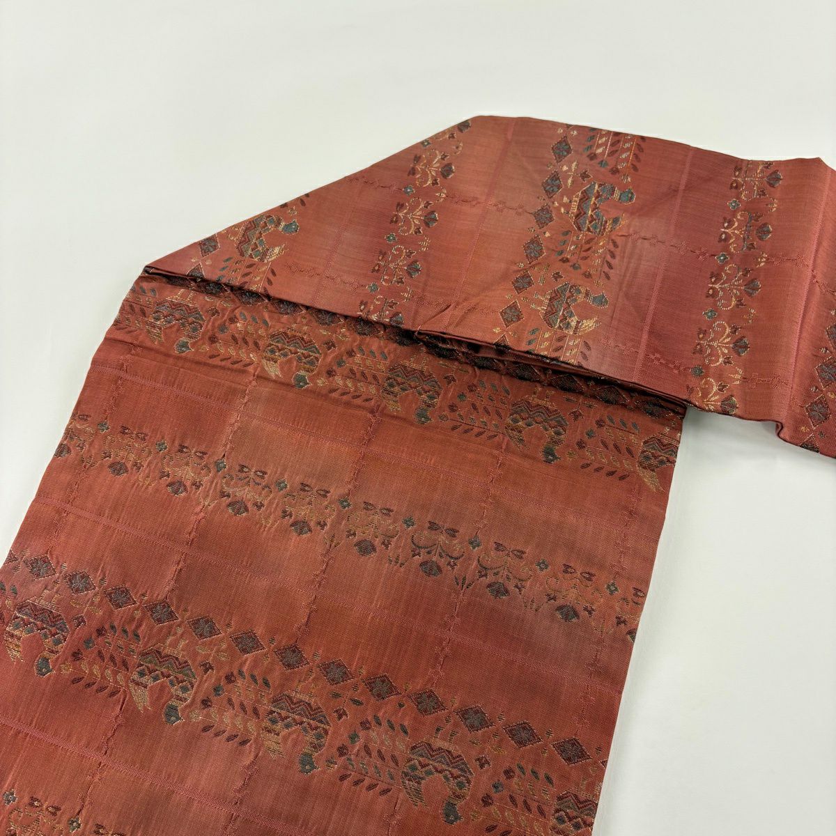 【美品】 名古屋帶 優品級 關西仕立 草花紋紋 鳥 金絲 拉麵絲 小豆色 純蠶絲
