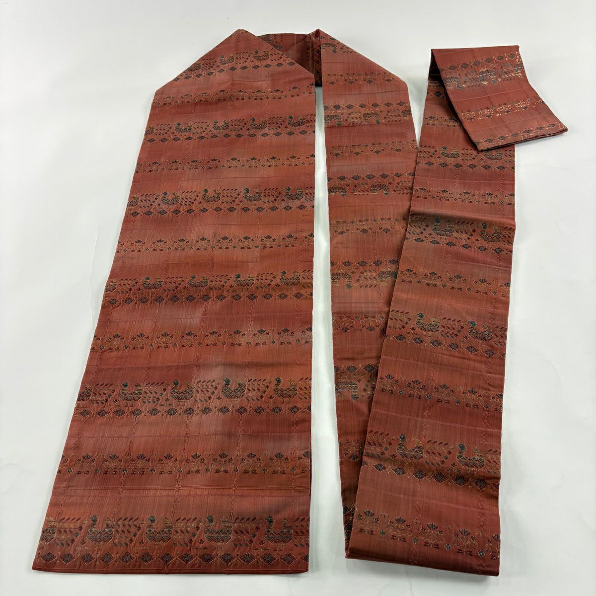 【美品】 名古屋帶 優品級 關西仕立 草花紋紋 鳥 金絲 拉麵絲 小豆色 純蠶絲