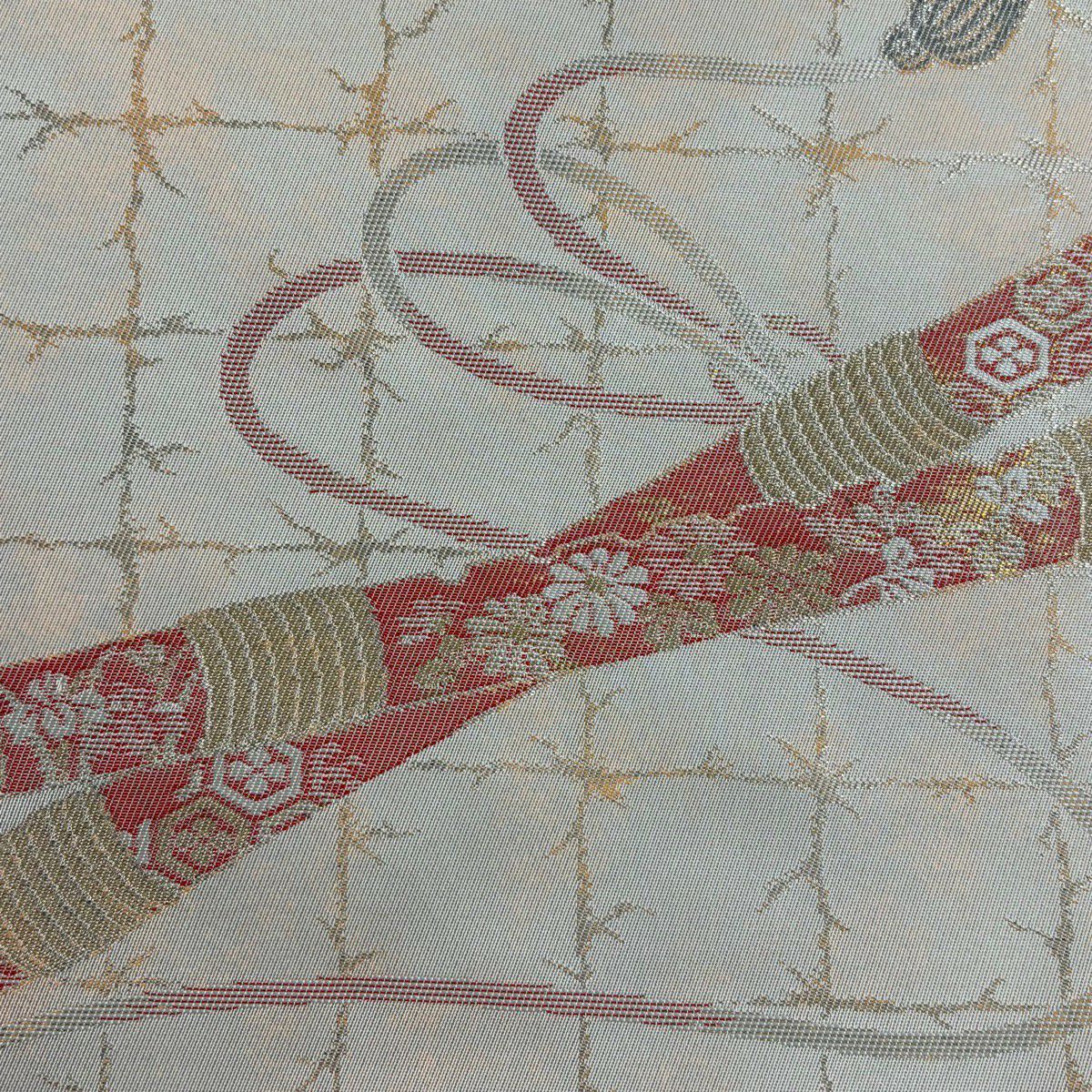 【美品】 名古屋帶 優品級 關西仕立 雙層 組紐 金銀彩 金金箔 米色 純蠶絲