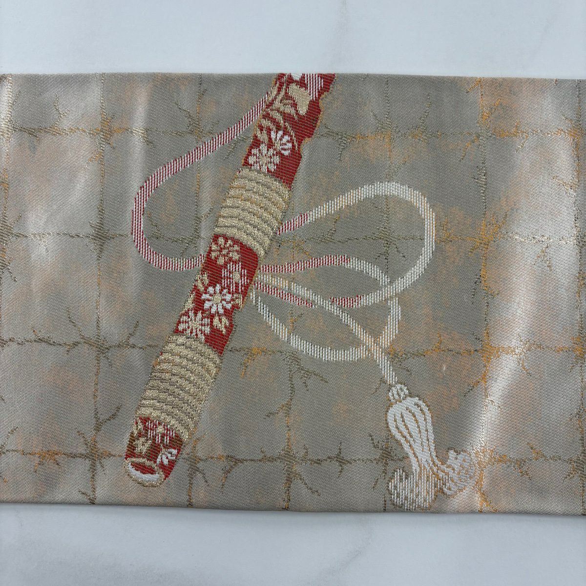 【美品】 名古屋帶 優品級 關西仕立 雙層 組紐 金銀彩 金金箔 米色 純蠶絲