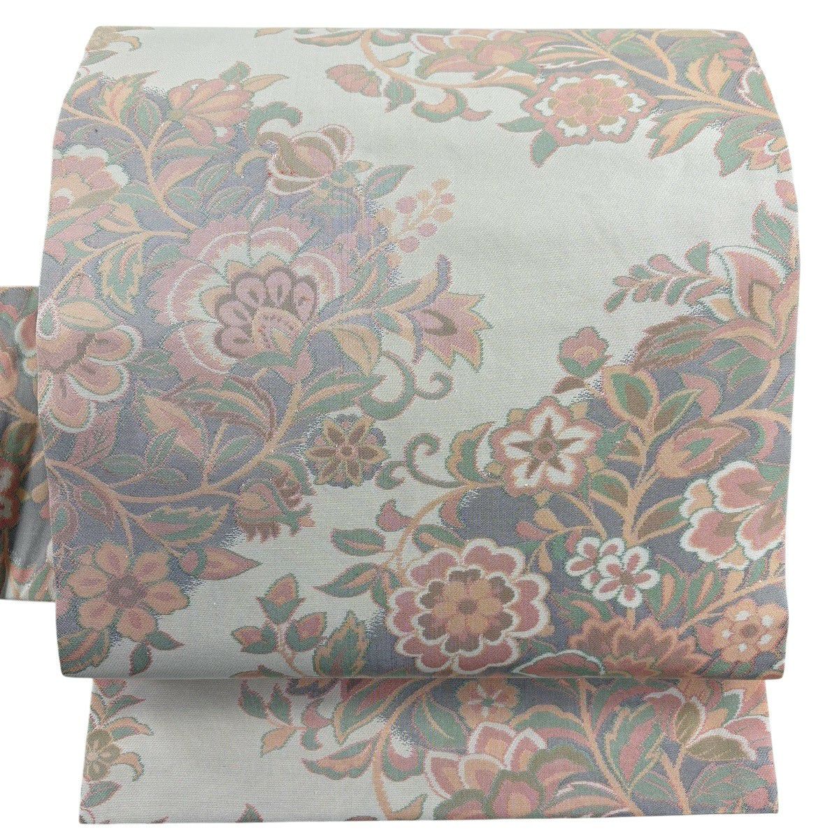 【美品】 名古屋帶 優品級 草花紋 紋 花唐草紋 米色 純蠶絲
