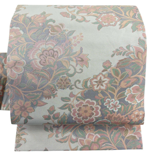 【美品】 名古屋帶 優品級 草花紋 紋 花唐草紋 米色 純蠶絲