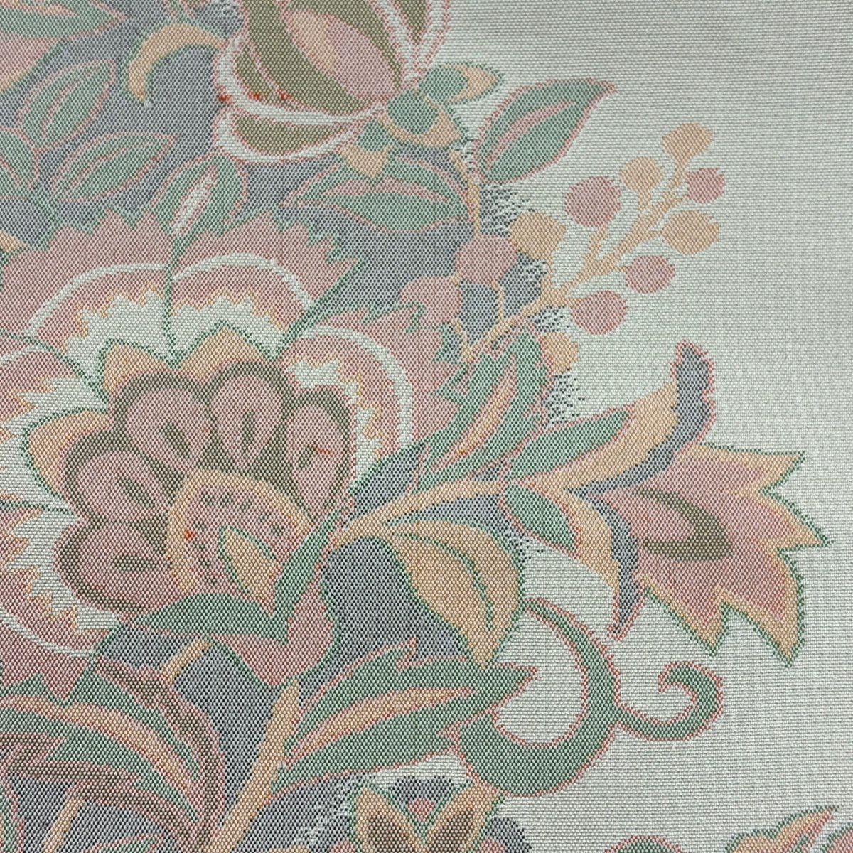 【美品】 名古屋帶 優品級 草花紋 紋 花唐草紋 米色 純蠶絲