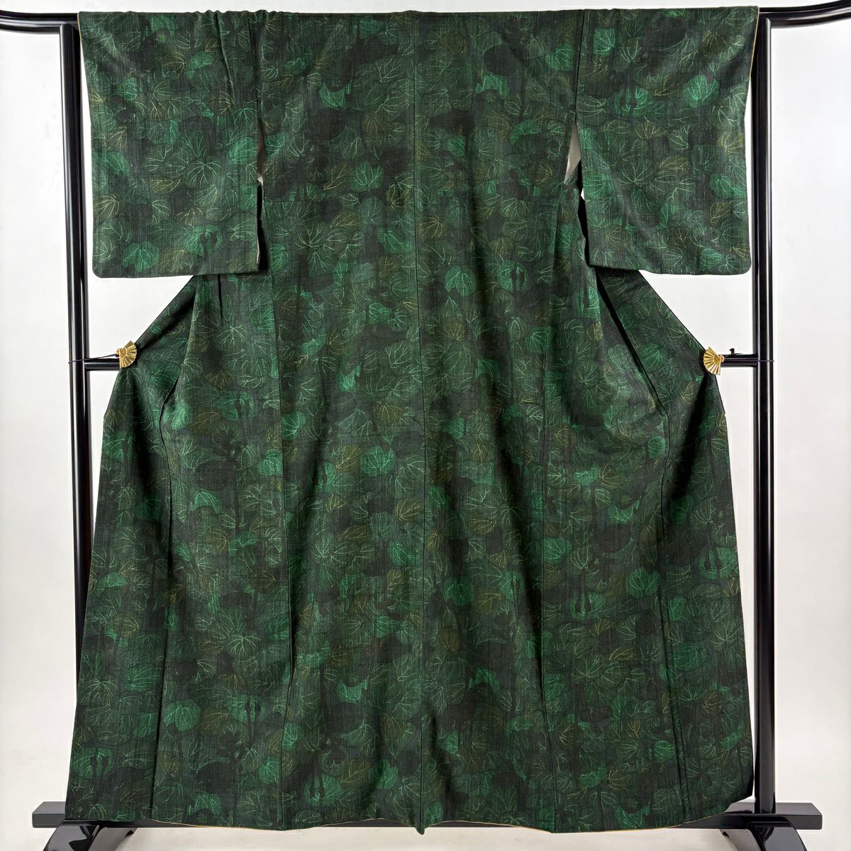 【美品】 紬織 身長158cm 袖長63.5cm S 雙層 葉柄 深綠 純蠶絲 優品級