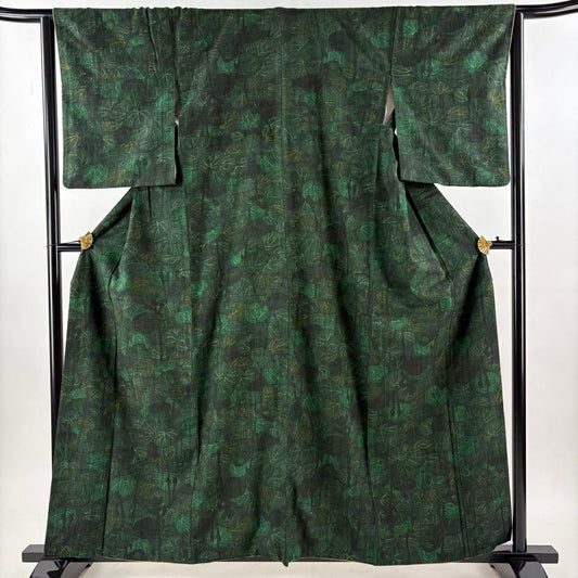 【美品】 紬織 身長158cm 袖長63.5cm S 雙層 葉柄 深綠 純蠶絲 優品級