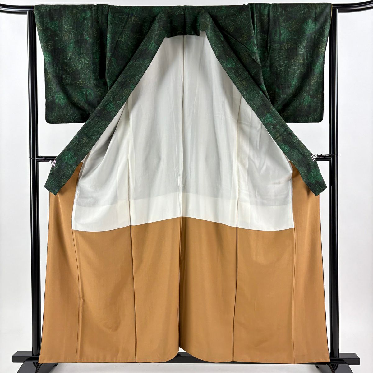 【美品】 紬織 身長158cm 袖長63.5cm S 雙層 葉柄 深綠 純蠶絲 優品級