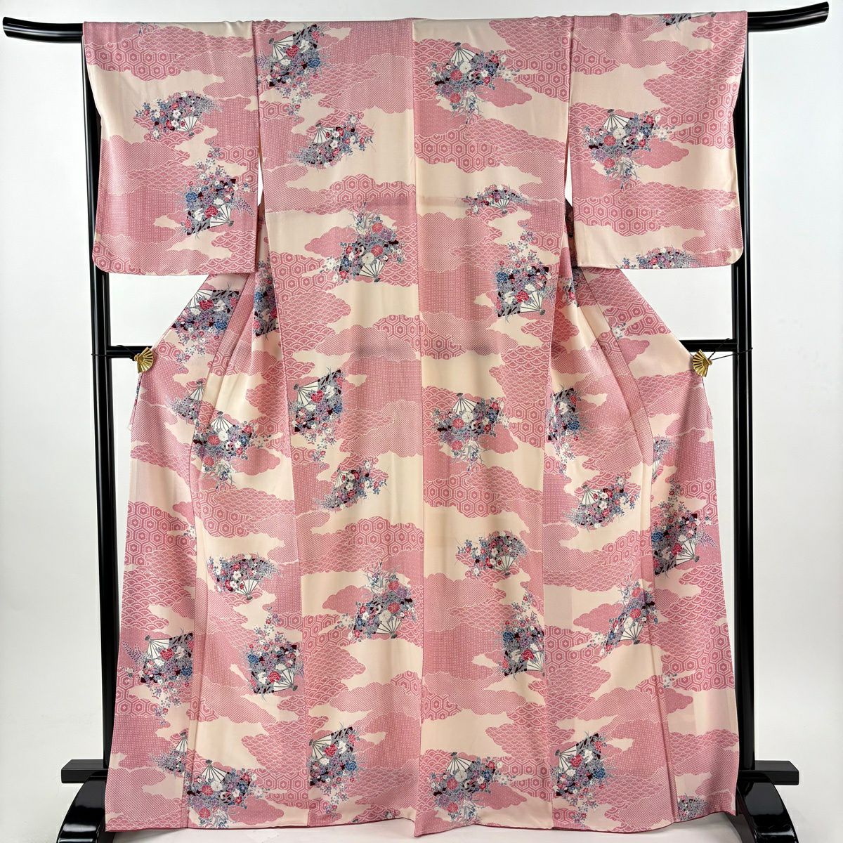【美品】 小紋 身長168cm 袖長67cm M 雙層 花扇子 雲紋 淺粉 純蠶絲 優品級