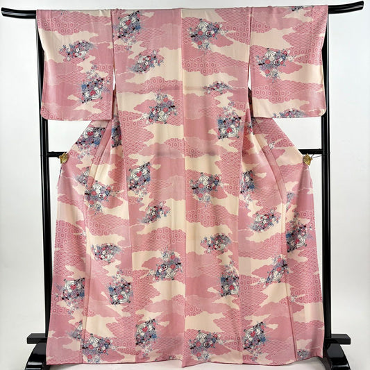 【美品】 小紋 身長168cm 袖長67cm M 雙層 花扇子 雲紋 淺粉 純蠶絲 優品級