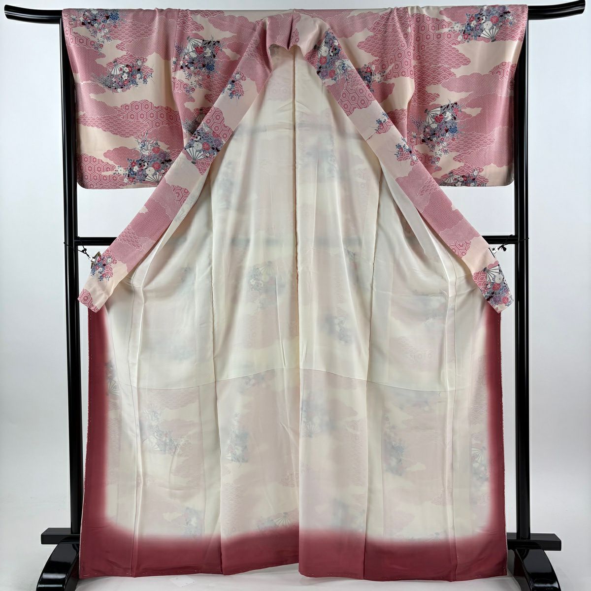 【美品】 小紋 身長168cm 袖長67cm M 雙層 花扇子 雲紋 淺粉 純蠶絲 優品級