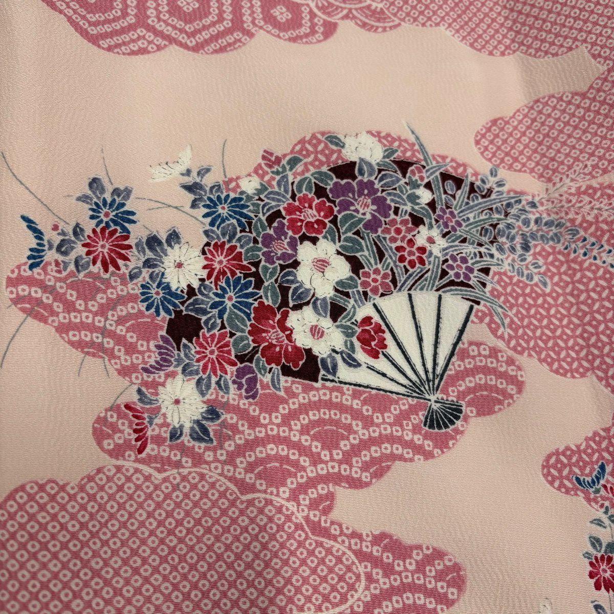 【美品】 小紋 身長168cm 袖長67cm M 雙層 花扇子 雲紋 淺粉 純蠶絲 優品級