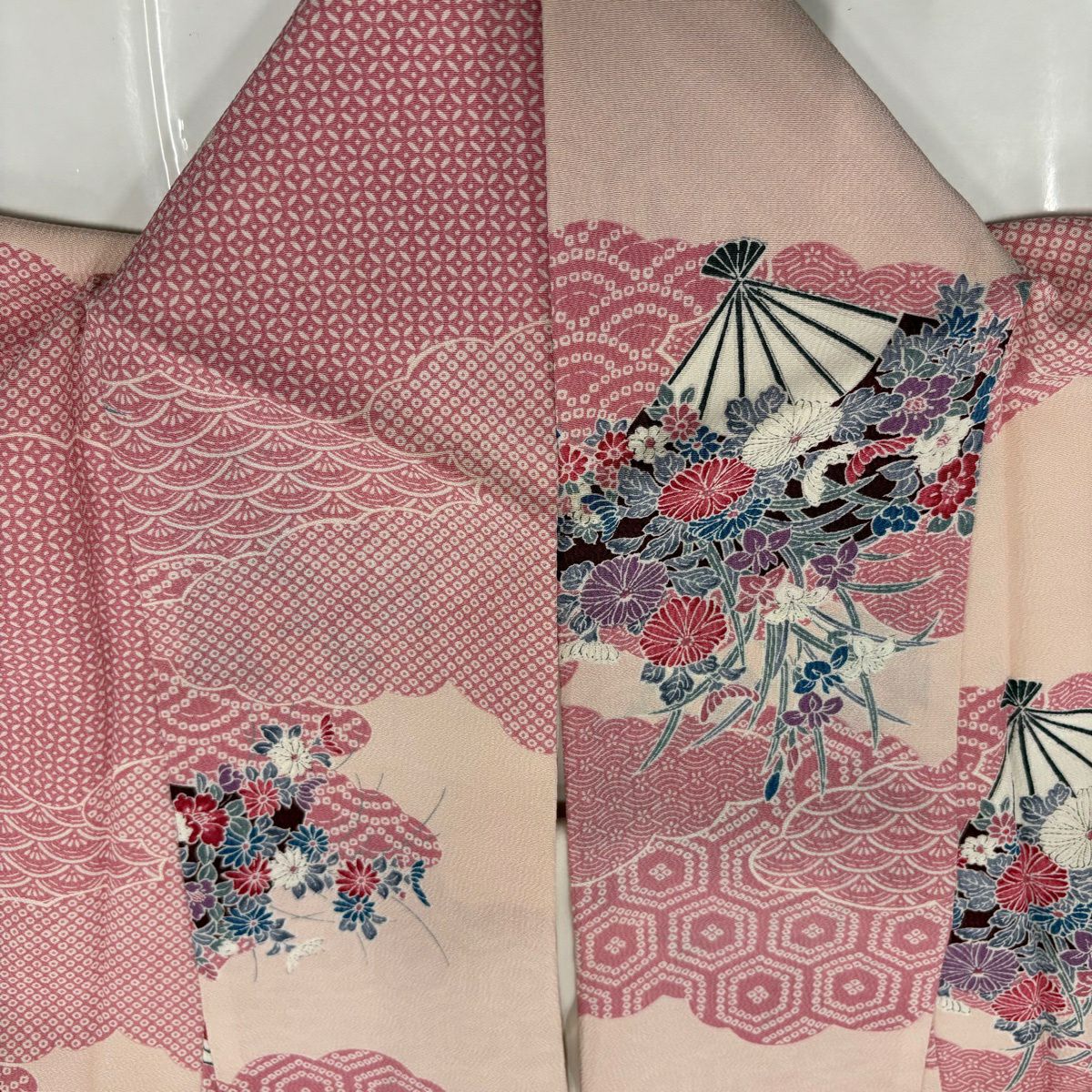 【美品】 小紋 身長168cm 袖長67cm M 雙層 花扇子 雲紋 淺粉 純蠶絲 優品級
