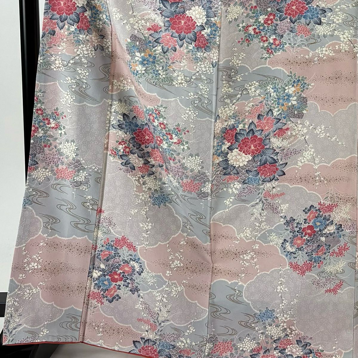 小紋 身長168.5cm 袖長65.5cm M 雙層 草花紋紋 流水 金彩裝飾 灰紫 純蠶絲 優品級