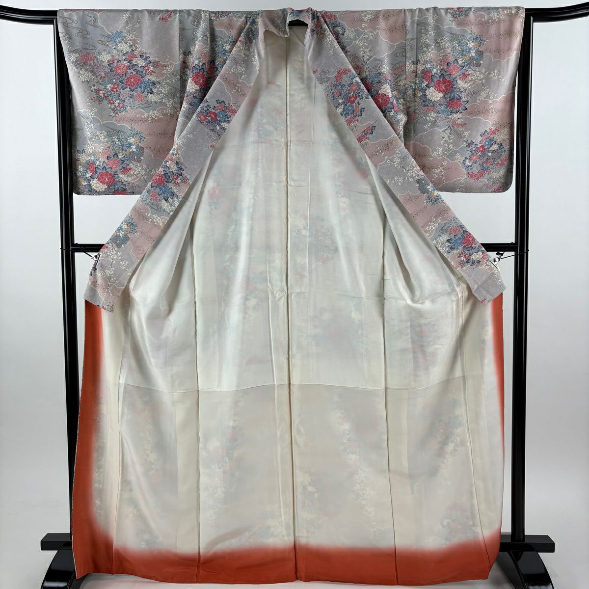 小紋 身長168.5cm 袖長65.5cm M 雙層 草花紋紋 流水 金彩裝飾 灰紫 純蠶絲 優品級