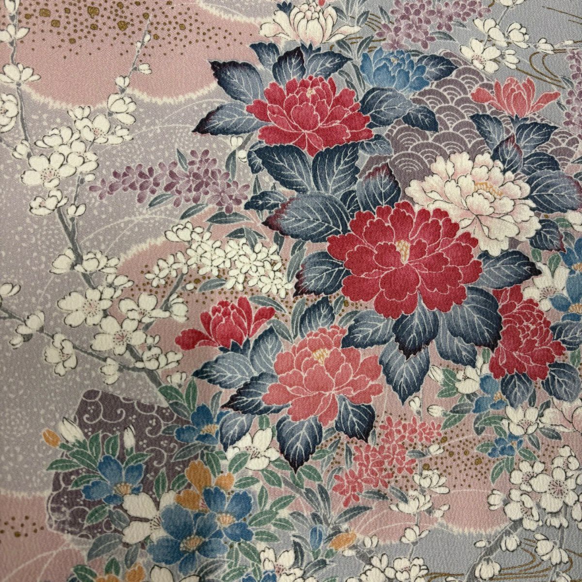 小紋 身長168.5cm 袖長65.5cm M 雙層 草花紋紋 流水 金彩裝飾 灰紫 純蠶絲 優品級