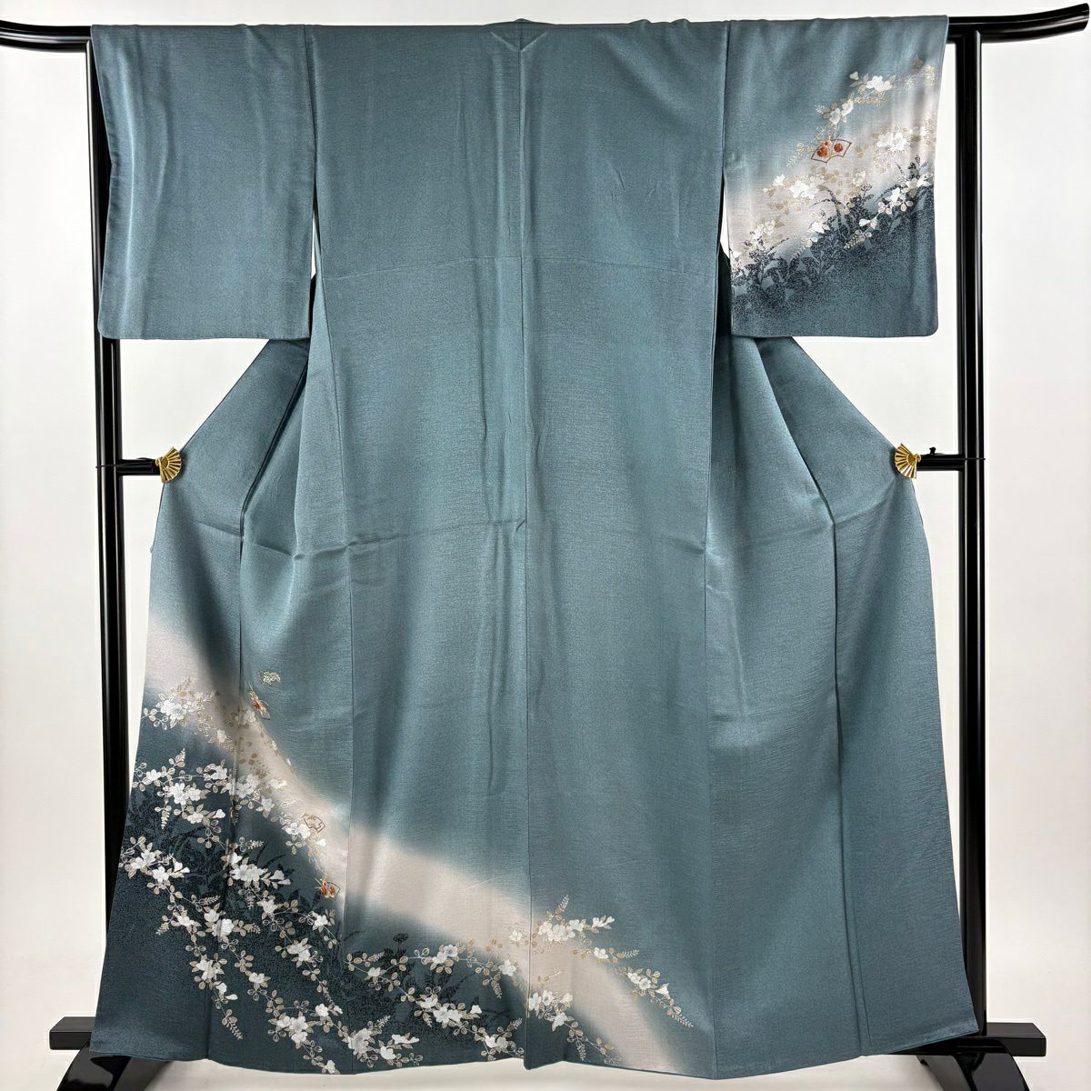 付下 身長161.5cm 袖長65cm M 雙層 扇子面 草花紋刺繡 金銀彩 青綠 純蠶絲 優品級