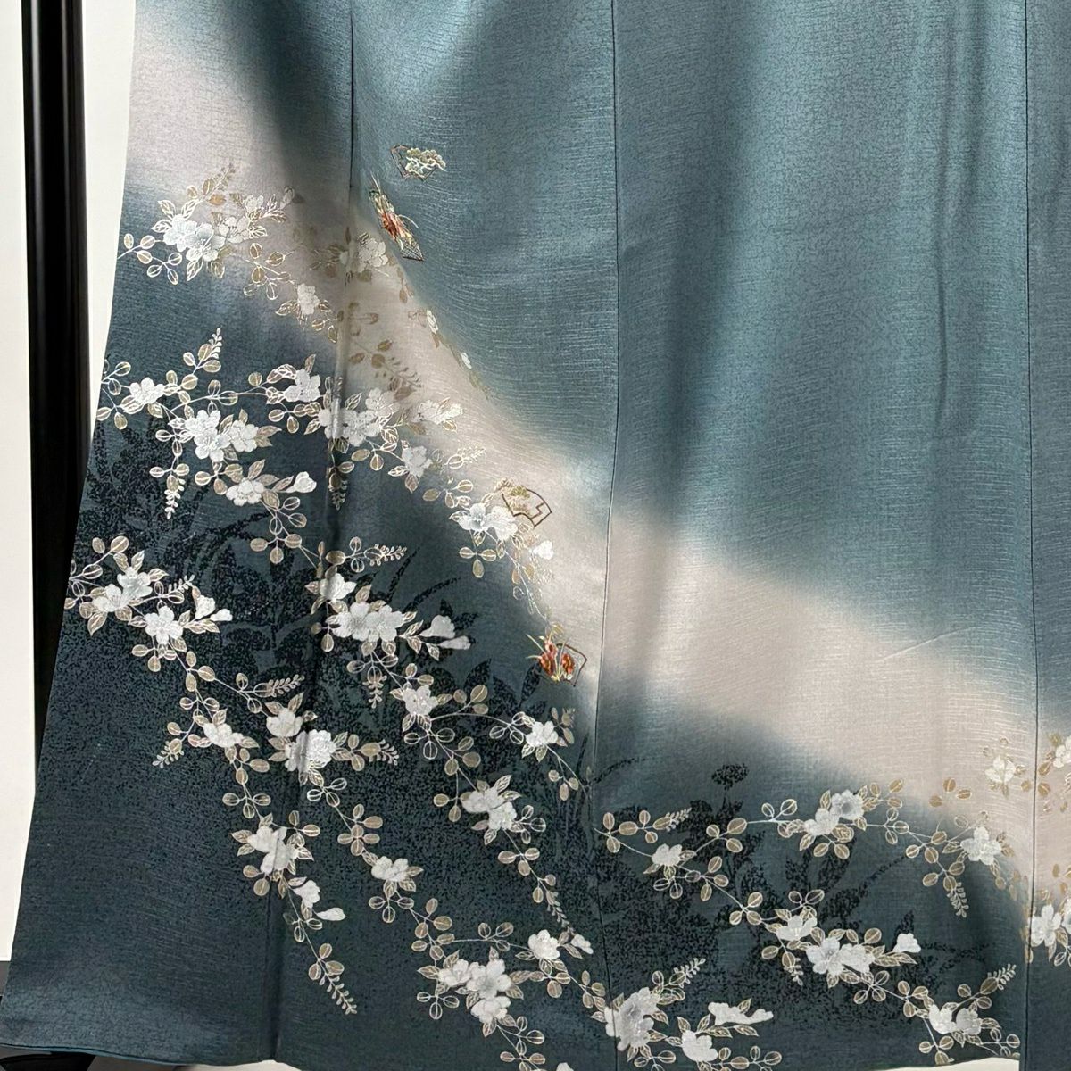 付下 身長161.5cm 袖長65cm M 雙層 扇子面 草花紋刺繡 金銀彩 青綠 純蠶絲 優品級