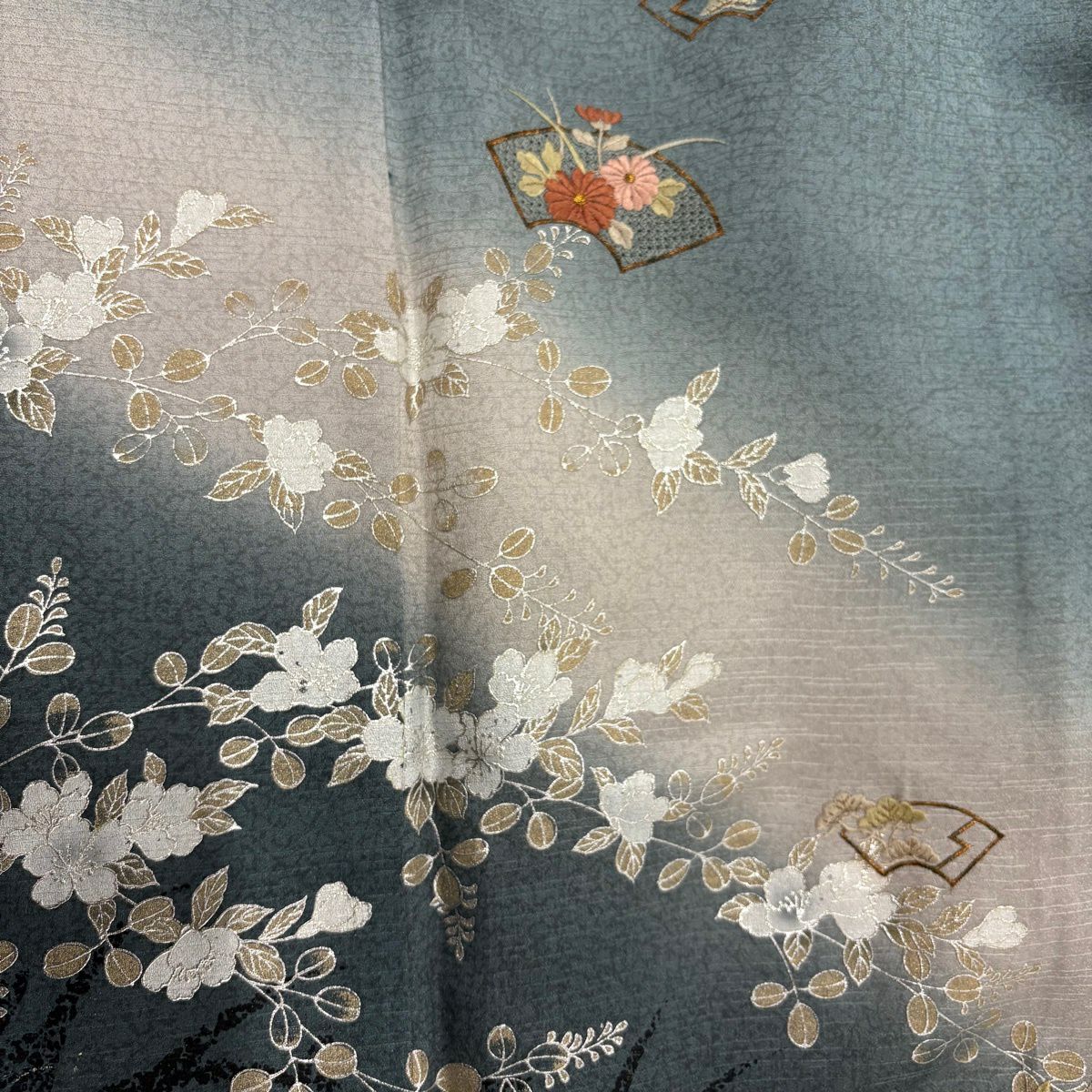 付下 身長161.5cm 袖長65cm M 雙層 扇子面 草花紋刺繡 金銀彩 青綠 純蠶絲 優品級